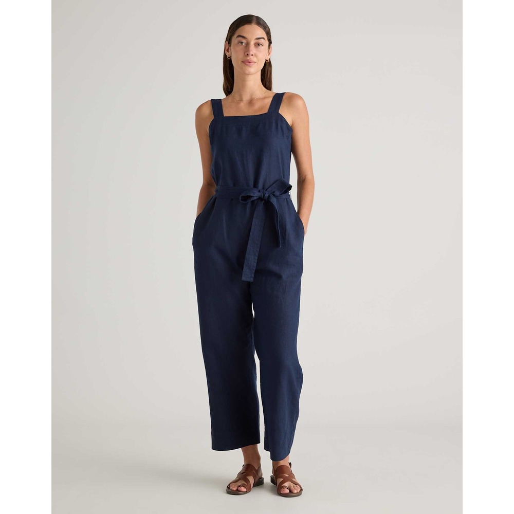 Quince 100% European Linen Square Neck Jumpsuit Deep Navy Small